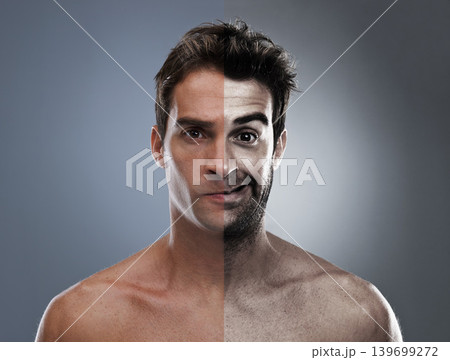 Man, beard and half face for hair removal improvement in studio for wellness, comparison or grey background. Male person, portrait and confident for shaving cleaning, transformation or mockup space Man, beard and half face for hair removal improvement in studio for wellness, comparison or grey background. Male person, portrait and confident for shaving cleaning, transformation or mockup space 139699272