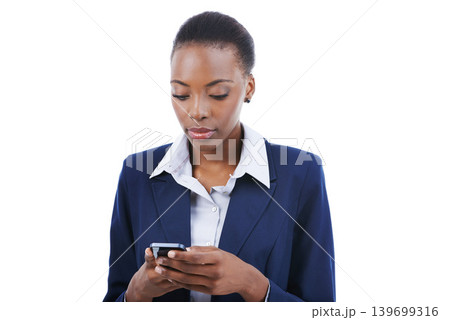 Business, phone and serious black woman typing email, research or reading notification. Smartphone, professional consultant scroll on mobile app and networking isolated on a white studio background Business, phone and serious black woman typing email, research or reading notification. Smartphone, professional consultant scroll on mobile app and networking isolated on a white studio background 139699316