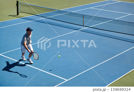 Sport, man and tennis on court with fitness, competition and performance outdoor with match and energy. Power, athlete and ball on turf for training, health and racket with skill, game or hobby Sport, man and tennis on court with fitness, competition and performance outdoor with match and energy. Power, athlete and ball on turf for training, health and racket with skill, game or hobby 139699324