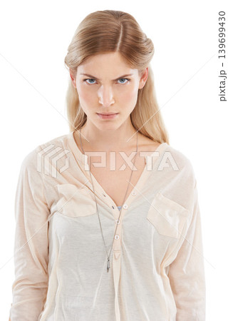 Portrait, angry and woman in studio frustrated, annoyed or posing with bad mood on white background. Problem, conflict and face of female model with emoji expression for tantrum, rage or aggression Portrait, angry and woman in studio frustrated, annoyed or posing with bad mood on white background. Problem, conflict and face of female model with emoji expression for tantrum, rage or aggression 139699430