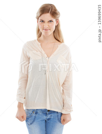 Angry, portrait and woman in studio frustrated, annoyed or posing with bad mood on white background. Problem, conflict and face of female model with emoji expression for tantrum, rage or aggression 139699435