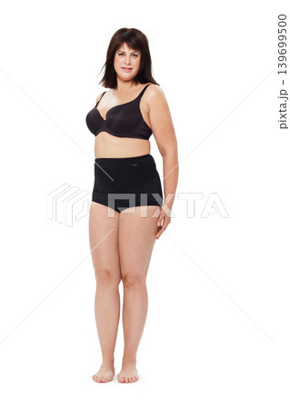 Portrait, confidence and plus size woman in underwear in studio isolated on a white background mockup space. Person, model and body positivity, self acceptance or natural beauty of healthy young girl Portrait, confidence and plus size woman in underwear in studio isolated on a white background mockup space. Person, model and body positivity, self acceptance or natural beauty of healthy young girl 139699500