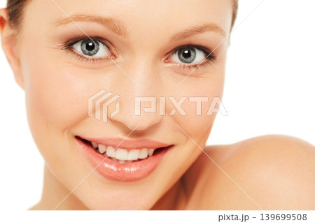 Skincare, spa and portrait of woman on a white background for wellness, cosmetics and facial. Dermatology, salon and isolated face of person with natural, healthy skin and beauty aesthetic in studio Skincare, spa and portrait of woman on a white background for wellness, cosmetics and facial. Dermatology, salon and isolated face of person with natural, healthy skin and beauty aesthetic in studio 139699508