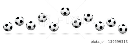 Eleven soccer balls, bouncing footballs, as they are used in association football, with black and white panels. Balls at different heights to the ground, with shadows, front view, over white. Vector Eleven soccer balls, bouncing footballs, as they are used in association football, with black and white panels. Balls at different heights to the ground, with shadows, front view, over white. Vector 139699518