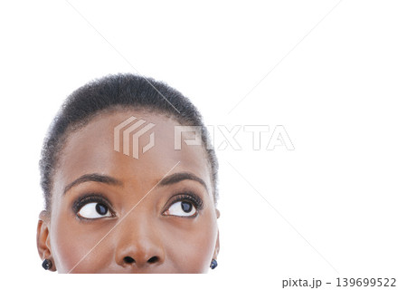 Question, thinking and face of black woman with ideas in studio or African person remember in white background of mockup. Curious, girl and search memory for information to faq and problem solving Question, thinking and face of black woman with ideas in studio or African person remember in white background of mockup. Curious, girl and search memory for information to faq and problem solving 139699522
