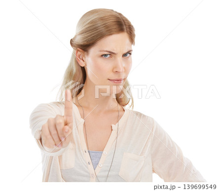 Stop, no finger and portrait of angry woman in studio with warning, threat or sign for boundaries on white background. Wait, face or female model with protest hand emoji for limits, order or security Stop, no finger and portrait of angry woman in studio with warning, threat or sign for boundaries on white background. Wait, face or female model with protest hand emoji for limits, order or security 139699549