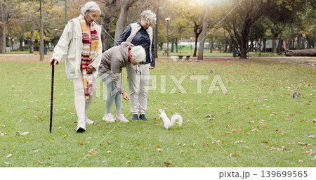 Park, senior friends and feed squirrel, bonding and having fun outdoor. Group of elderly women, animal and nature, play on holiday and vacation, relax and enjoy quality time for retirement in winter 139699565