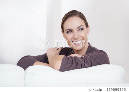 Face, thinking and woman in house, couch for memories, smile and wellbeing. Happiness, calm and weekend with female person, home and joy, carefree and comfortable alone in sofa to relax Face, thinking and woman in house, couch for memories, smile and wellbeing. Happiness, calm and weekend with female person, home and joy, carefree and comfortable alone in sofa to relax 139699566