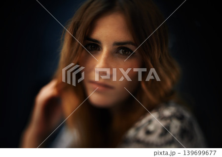 Makeup, beauty and portrait of young woman in studio with natural, cosmetic and self care routine. Aesthetic, glow and face of female person with facial cosmetology treatment by dark black background 139699677