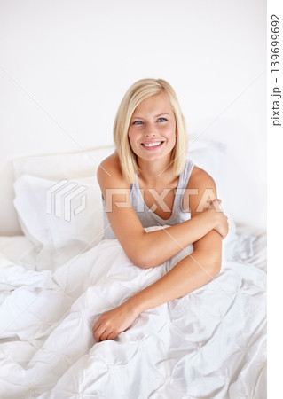 Smile, thinking and morning with woman in bed of hotel to wake up for morning hospitality or accommodation. Relax, vision and vacation with happy young blonde person in bedroom of home on weekend Smile, thinking and morning with woman in bed of hotel to wake up for morning hospitality or accommodation. Relax, vision and vacation with happy young blonde person in bedroom of home on weekend 139699692