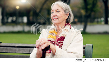 Relax, thinking and a senior woman at the park for summer, ideas or retirement vision. Smile, remember and an elderly person on a bench in nature with inspiration, memory or outdoor reflection 139699717