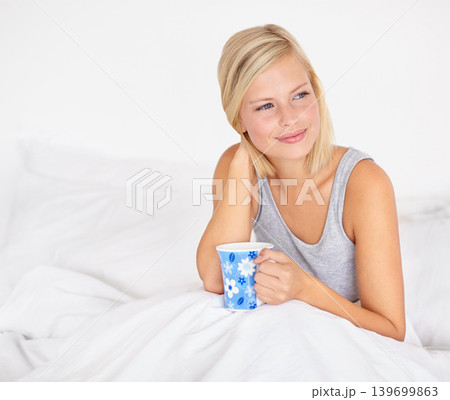 Morning, coffee and woman relax in bed, thinking with happy ideas and wake up excited for future. Healthy, mindset and girl with tea in bedroom on holiday, vacation or wellness in apartment mockup Morning, coffee and woman relax in bed, thinking with happy ideas and wake up excited for future. Healthy, mindset and girl with tea in bedroom on holiday, vacation or wellness in apartment mockup 139699863