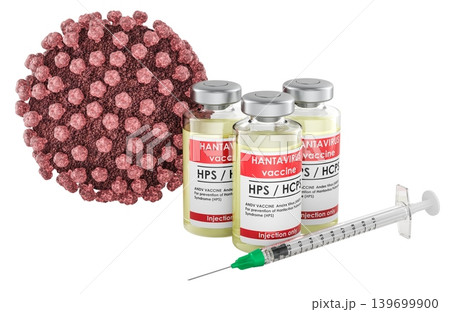 Vaccine Vials for Hantavirus with Syringe and Virus Particle, 3D Rendering 139699900