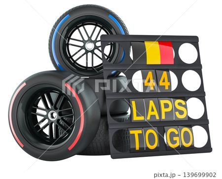Belgian racing, pit board with flag of Belgian and racing wheels with different compounds type tyres. 3D rendering Belgian racing, pit board with flag of Belgian and racing wheels with different compounds type tyres. 3D rendering 139699902