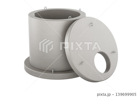 Concrete manhole chamber with round cover, 3d rendering Concrete manhole chamber with round cover, 3d rendering 139699905