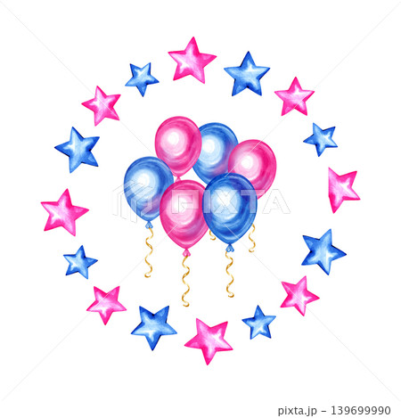 Watercolor festive illustration featuring a bunch of pink and blue balloons with golden wavy strings, beautifully hand drawn. The central composition is enclosed by a circular wreath of alternating 139699990