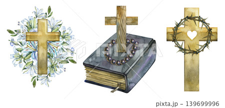 Hand drawn watercolor elements set of Christian religious symbols. The composition features a gold cross with white lilies, a wooden cross resting on a closed old bible with a dark rosary, and a gold Hand drawn watercolor elements set of Christian religious symbols. The composition features a gold cross with white lilies, a wooden cross resting on a closed old bible with a dark rosary, and a gold 139699996