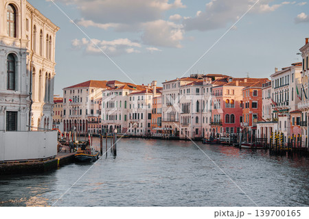 Panoramic View of Grand Canal from Rialto Bridge. Historic Venetian buildings, iconic Italian architecture, Panoramic View of Grand Canal from Rialto Bridge. Historic Venetian buildings, iconic Italian architecture, 139700165
