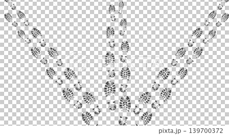 Human shoe footprints diverging into three different paths on a transparent background, concept of choosing a direction and life path Human shoe footprints diverging into three different paths on a transparent background, concept of choosing a direction and life path 139700372