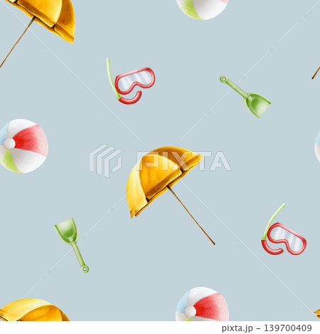 Seamless pattern with umbrella, beach ball, snorkel mask with tube for breathing, green plastic children's shovels. Watercolor hand drawn set of kids toy for the sandbox illustration isolated on 139700409