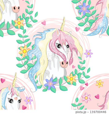seamless pattern with cute unicorns, clouds,rainbow and stars. Magic background with little unicorns. 139700446
