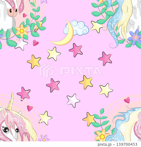 seamless pattern with cute unicorns, clouds,rainbow and stars. Magic background with little unicorns. 139700453