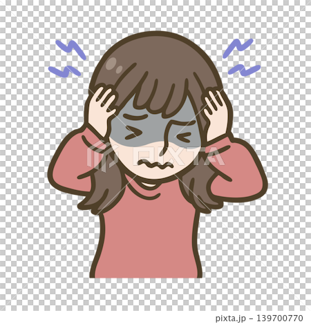 A woman clutching her head in pain from a headache | Illustration of headache, stress, and poor health 139700770