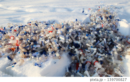 Dumped Blood Transfusion Kits Scattered On A Snow Dumped Blood Transfusion Kits Scattered On A Snow 139700827