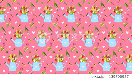 Bright vector seamless pattern with a watering can with tulips of different colors and hearts and different spring and summer elements for creating printable designs. Cute template with plants. Bright vector seamless pattern with a watering can with tulips of different colors and hearts and different spring and summer elements for creating printable designs. Cute template with plants. 139700927