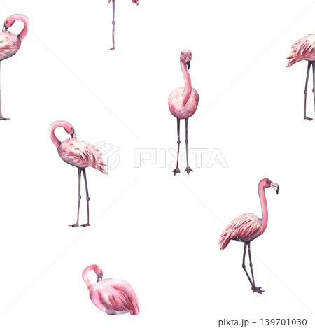 Seamless banner with pink flamingos. Seamless border of watercolor illustration of pink tropical birds. Pattern of flamingo. Birds in the jungle. Template for invitation, card, cosmetic 139701030