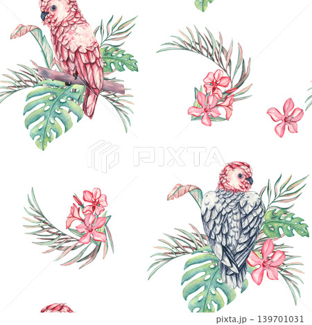 Seamless pattern with Parrot in palm leaves. Pink cockatoo on a branch. Bird in the jungle. Watercolor illustration of tropical parrot in palm leaves. Ornament for wallpaper, wrapping paper, textile Seamless pattern with Parrot in palm leaves. Pink cockatoo on a branch. Bird in the jungle. Watercolor illustration of tropical parrot in palm leaves. Ornament for wallpaper, wrapping paper, textile 139701031