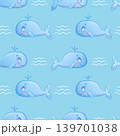 Seamless pattern with a cute cartoon blue whale spewing water on a blue background. Vector illustration for the design of postcards, posters, banners, printing, textiles 139701038