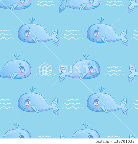 Seamless pattern with a cute cartoon blue whale spewing water on a blue background. Vector illustration for the design of postcards, posters, banners, printing, textiles 139701038