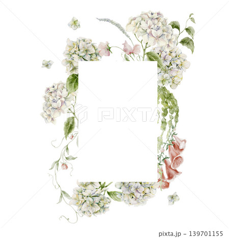 Watercolor rectangle floral frame with white hydrangea foxglove sweet pea and greenery for wedding invitation. Watercolor rectangle floral frame with white hydrangea foxglove sweet pea and greenery for wedding invitation. 139701155