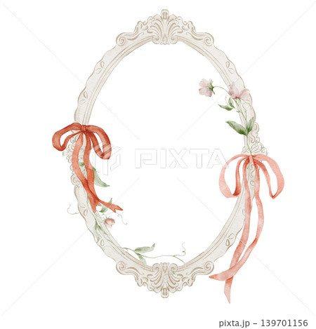 Watercolor elegant oval baroque frame with red pink bows and sweet pea wildflowers isolated on white. Watercolor elegant oval baroque frame with red pink bows and sweet pea wildflowers isolated on white. 139701156