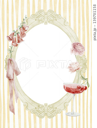 Watercolor cottagecore oval floral frame with wildflowers bows and striped pastel background. Watercolor cottagecore oval floral frame with wildflowers bows and striped pastel background. 139701158