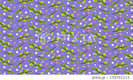 Bright vector seamless pattern with branches of green plants, bushes and trees and dots and different spring and summer elements for creating printable designs. Cute vintage template with plants. Bright vector seamless pattern with branches of green plants, bushes and trees and dots and different spring and summer elements for creating printable designs. Cute vintage template with plants. 139701215