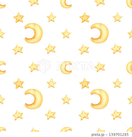 Star and moon pattern. Seamless pattern with Gold watercolor stars and half moon. Watercolor illustration of stars for kids goods, kids wallpaper, wrapping paper. Children's wallpaper with a night sky Star and moon pattern. Seamless pattern with Gold watercolor stars and half moon. Watercolor illustration of stars for kids goods, kids wallpaper, wrapping paper. Children's wallpaper with a night sky 139701285