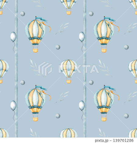 Seamless pattern with hot air balloons and balloon. Childish wallpaper with Hot air Balloon and vertical stripes. Watercolor illustration of floating balloons for kids goods, wallpaper, wrapping paper Seamless pattern with hot air balloons and balloon. Childish wallpaper with Hot air Balloon and vertical stripes. Watercolor illustration of floating balloons for kids goods, wallpaper, wrapping paper 139701286