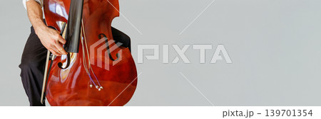 Person holding a stringless contrabass and bow during damage inspection, with copy space on the right. Person holding a stringless contrabass and bow during damage inspection, with copy space on the right. 139701354