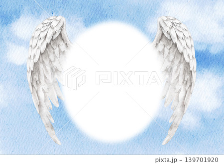 Watercolor sky frame with white angel wings and round center space. Spiritual background for memory cards, remembrance themes, prayer cards, Bible quotes, memorial materials and religious designs. Watercolor sky frame with white angel wings and round center space. Spiritual background for memory cards, remembrance themes, prayer cards, Bible quotes, memorial materials and religious designs. 139701920