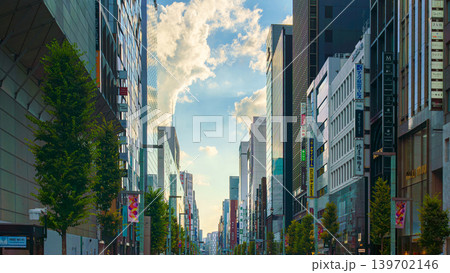 Tokyo, Japan - Oct 14 2024, panoramic view of the main street in the Ginza district, with people walking along the road and the glass facades of skyscrapers in the background, at daytime, Tokyo, Japan 139702146