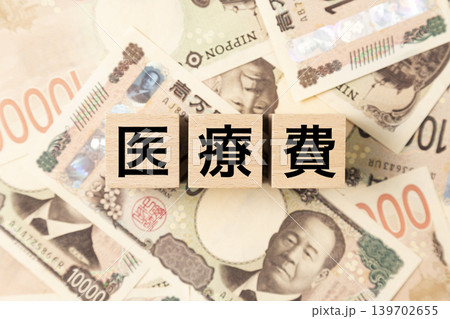 「医療費」と書かれたブロックとたくさんの一万円札 「医療費」と書かれたブロックとたくさんの一万円札 139702655
