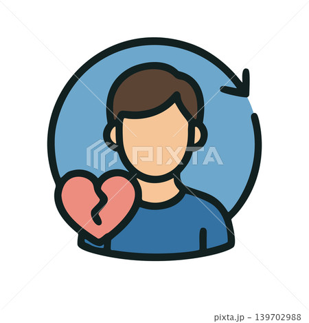 Flat Design Icon of a Person with a Broken Heart Symbol and Circular Arrows Representing Relationship Issues Flat Design Icon of a Person with a Broken Heart Symbol and Circular Arrows Representing Relationship Issues 139702988