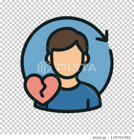 Flat Design Icon of a Person with a Broken Heart Symbol and Circular Arrows Representing Relationship Issues Flat Design Icon of a Person with a Broken Heart Symbol and Circular Arrows Representing Relationship Issues 139702988