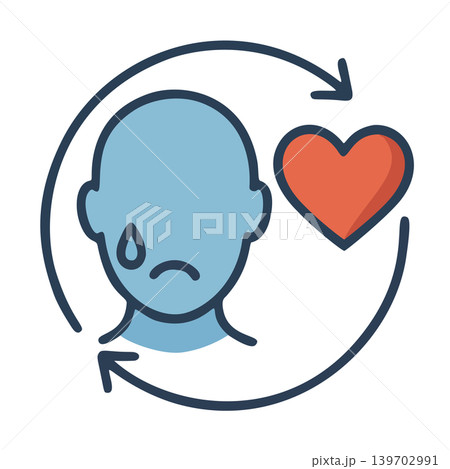 Outline Stylized Sad Face Icon with Refreshing Arrows and Heart Symbol, Graphic Element Outline Stylized Sad Face Icon with Refreshing Arrows and Heart Symbol, Graphic Element 139702991