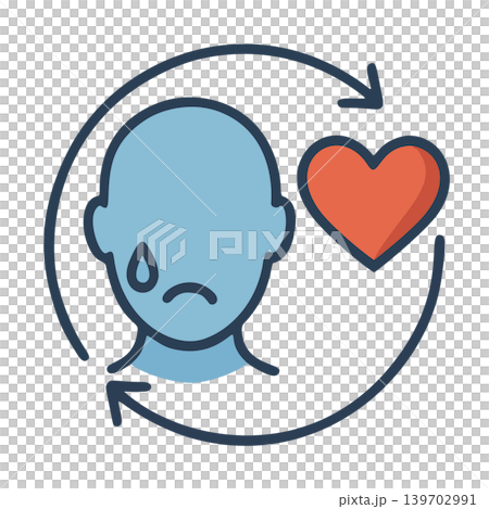 Outline Stylized Sad Face Icon with Refreshing Arrows and Heart Symbol, Graphic Element Outline Stylized Sad Face Icon with Refreshing Arrows and Heart Symbol, Graphic Element 139702991