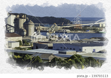 水彩画風 苅田町湾岸工業地帯 福岡県苅田町 水彩画風 苅田町湾岸工業地帯 福岡県苅田町 139703113