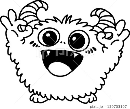 もこもこモンスターのかわいいキャラクターイラスト(手を上げる・喜び・シンプル線画) もこもこモンスターのかわいいキャラクターイラスト(手を上げる・喜び・シンプル線画) 139703197