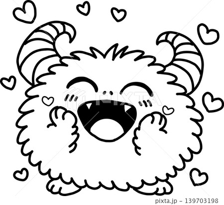 笑顔で喜ぶかわいい角のあるモンスターとハートのイラスト　塗り絵用線画 139703198